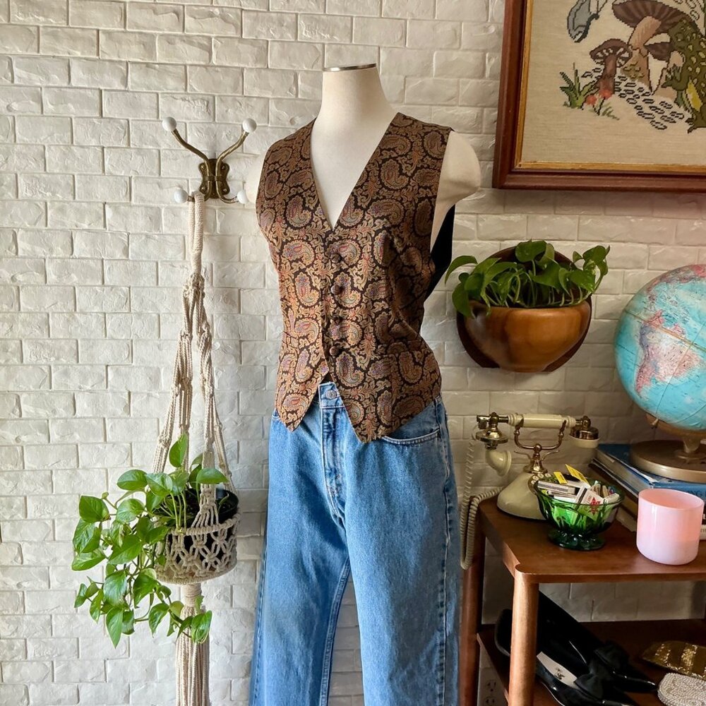 Vintage 1990s 100% Silk Paisley Print Tie Back Cropped Vest